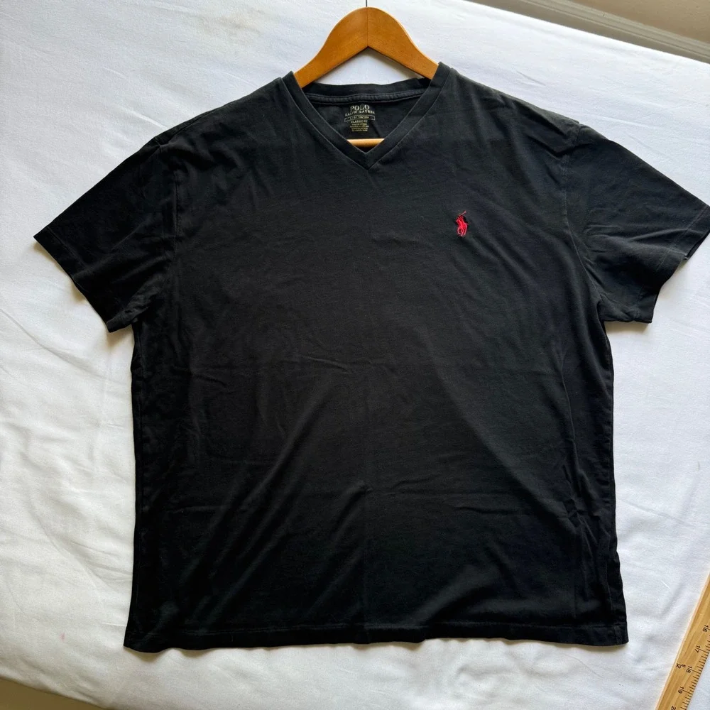 Polo Ralph Lauren Mens V-Neck T-Shirt Black Classic Fit Red Pony Logo Large